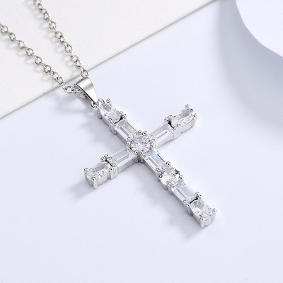 18K White Gold Cross Pendant Necklace with Crystals