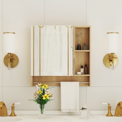 Dolonm Bathroom Mirror Cabinet Wall Mounted, Over Toilet Storage with 4 Compartments & Towel Rack, Waterproof MDF, Easy Install, Burly Wood