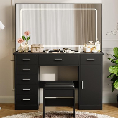 Vanity Desk with Power Outlet, Makeup Vanity with Large Mirror and LED Lights