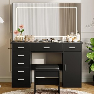 Vanity Desk with Power Outlet, Makeup Vanity with Large Mirror and LED Lights - 1 of 4