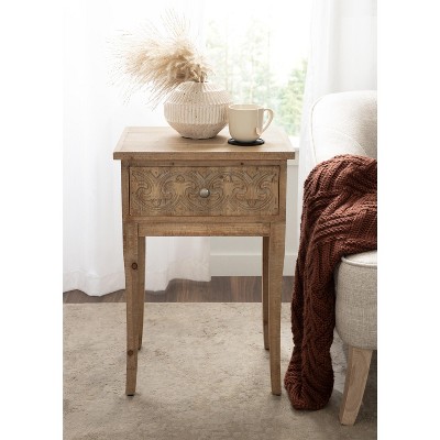 Hazelnut Rustic Wood Side Table with Carved Drawer