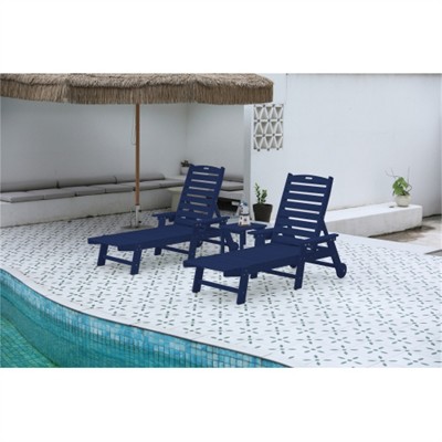 SKRAN Lounge Chair with Side Table,Set of 3 Chaise Lounge Chair Set with 5 Positions,Wheels & Cup Holder(Navy Blue,2 Lounge chairs+1 Table)