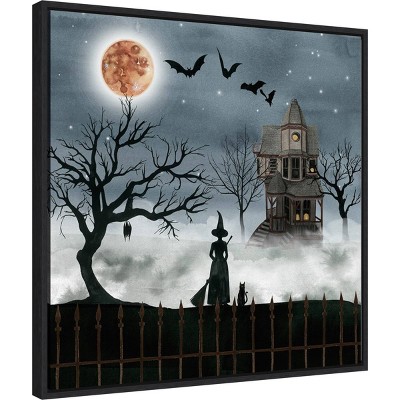 Spooky Halloween Witch and Haunted House Canvas Print