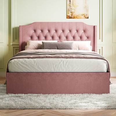 Queen Size Tufted Upholstered Platform Bed Frame with Under-Bed Storage Space and Wingback Headboard with Button, Velvet, Beige/Black/Pink-ModernLuxe