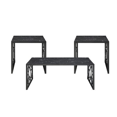Vynxaria Series 24 in. Black Square Glass End Table with Marble-Print Tempered Glass Top and Metal Base