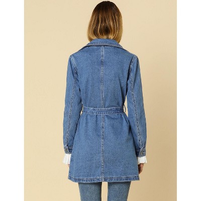 Allegra K Women's Notched Lapel Belted Trench Long Denim Jacket Light Blue X-Small — фото 5