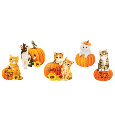 Collections Etc Autumn Cat and Pumpkin Outdoor Garden Stakes - Set of 5 Orange