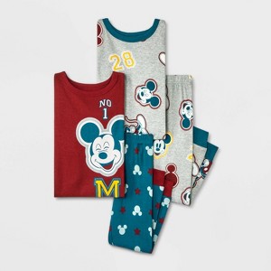 Toddler Boys' 4pc Mickey Mouse & Friends Cotton Long Sleeve Pajama Set - Gray/Maroon/Teal Blue - 1 of 4