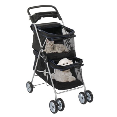 phiestina Pet Stroller for 2 Dogs and Cats, Double 4 Wheel Cat Pet Carriers Bag Jogger, Waterproof Folding Crate with Soft Pad, Black