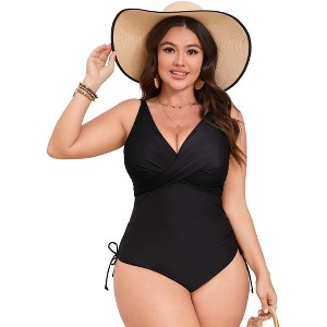 Plus Size Women's Swimwear Drawstring V Neck Colorblock One-Piece Swimsuit - 1 of 4