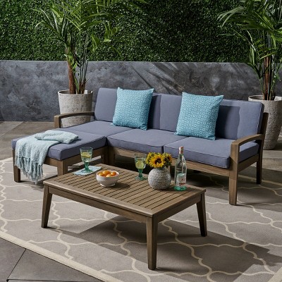 Outdoor Sectional Sofa Set, 3 Pcs Acacia Sofa Set for 3 People, Sectional Sofas with Acacia Table, Wood Frame and PE Cushions-Coolbibila
