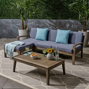 Outdoor Sectional Sofa Set, 3 Pcs Acacia Sofa Set for 3 People, Sectional Sofas with Acacia Table, Wood Frame and PE Cushions-Coolbibila - 1 of 4