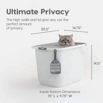 White and Gray Top Entry Cat Litter Box with Scoop
