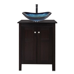 ELECWISH 24 Inches Bathroom Vanity, Traditional Wood Fixture Stand Bathroom Cabinet in Dark Coffee Finish with Bathroom Boat Blue Glass Vessel Sink - 1 of 4