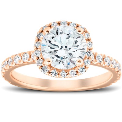 Pompeii3 G/VS 2 Ct Moissanite & Diamond Cushion Halo Engagement Ring 14k Rose Gold