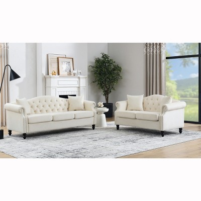 2 Piece Chesterfield Velvet Tufted Sofa and Loveseat Set,3-Seater Couch with Rolled Arms & Nailhead Trim for Living Room