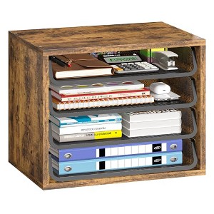 Simple Trending Paper Organizer Letter Tray, 4-Tier Wooden Mesh Desk File Organizer, Paper Sorter Folder Holder for Office Home School, Rustic Brown - 1 of 4