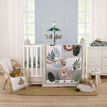 NoJo Jungle Paradise Green, Gray, and Tan Lion, Sloth, and Leopard Palm Leaf 4 Piece Nursery Crib Bedding Set