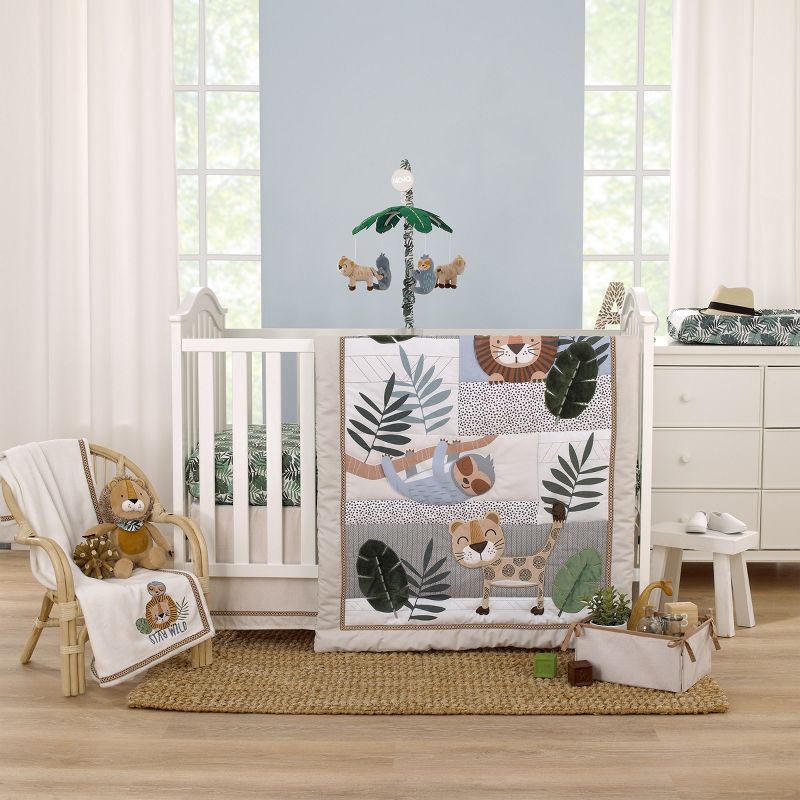 NoJo Jungle Paradise Green, Gray, and Tan Lion, Sloth, and Leopard Palm Leaf 4 Piece Nursery Crib Bedding Set, 1 of 11