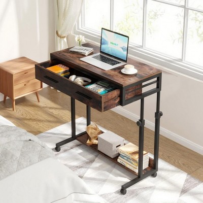 Lirago Brown Adjustable Height Bedside Table 31.5x17.7x27.5-41.3 E1 Particle Board Mobile Desk with Drawer and Wheels