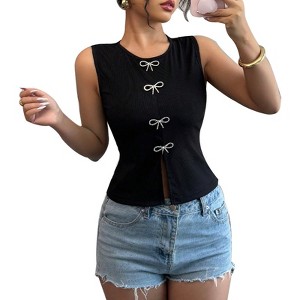 Women's Sleeveless Tank Top Front Slits Crew Neck Casual Summer Vest Slim Fit Top - 1 of 4