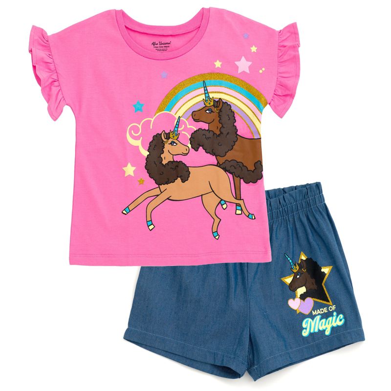 Afro Unicorn Girls T-Shirt and Chambray Shorts Outfit Set Toddler, 1 of 6