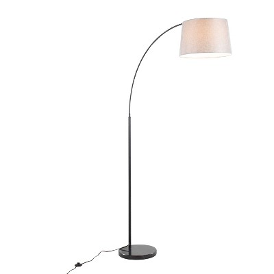 Arc Black Marble and Metal Floor Lamp with Grey Linen Shade