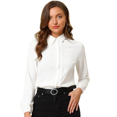 Allegra K Women's Office Solid Turn Down Collar Lace Trim Long Sleeve Button Down Shirt