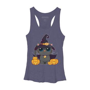 Women's Design By Humans Black Cat With Jack O Lantern Halloween Shirt By thebeardstudio Racerback Tank Top