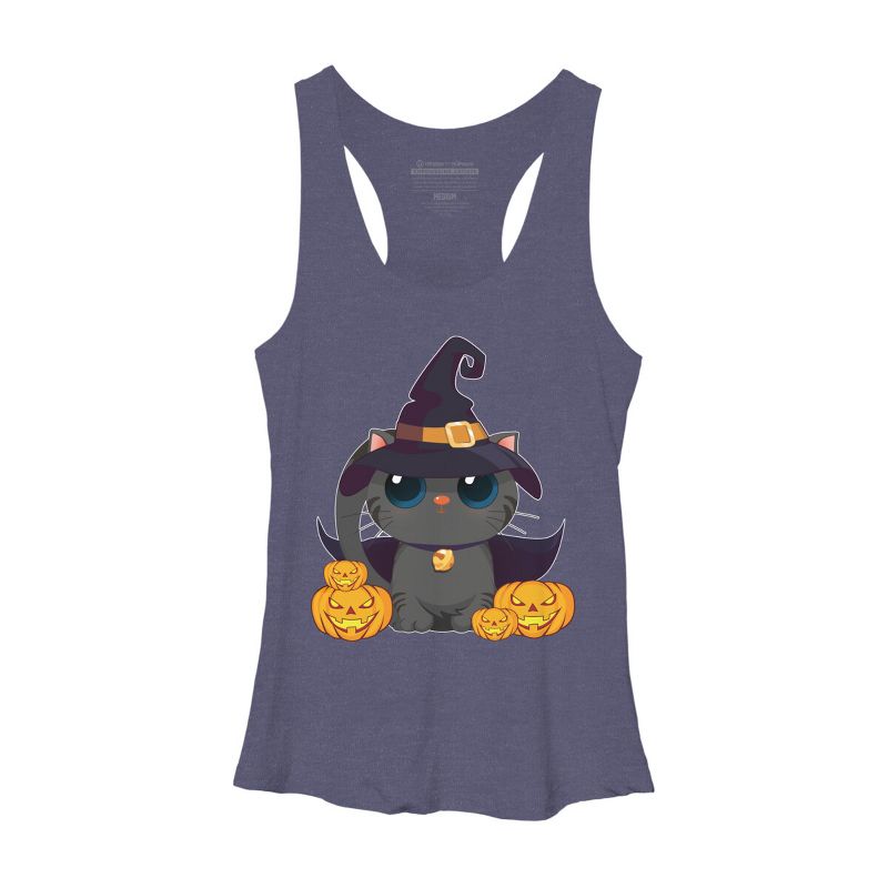 Women's Design By Humans Black Cat With Jack O Lantern Halloween Shirt By thebeardstudio Racerback Tank Top, 1 of 4