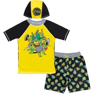 Teenage Mutant Ninja Turtles Donatello Leonardo Michelangelo Rash Guard Swim Trunks and Cap 3 Piece Swimsuit Set Toddler - 1 of 4