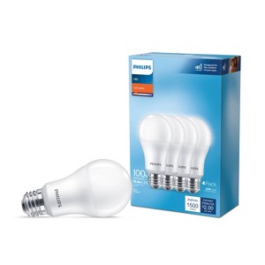 Philips LED 100W Frosted Soft White A19 4P Non-Dim T20: 1500 Lumens, E26 Base, 2700K, 16.6W, Damp Location Suitable - 1 of 4