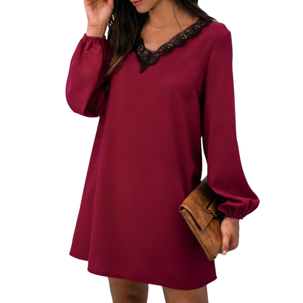 Anna-Kaci Women's Long Sleeve Mini Shift Dress with V-Neckline and Lace Trim Detail - thumbnail 8