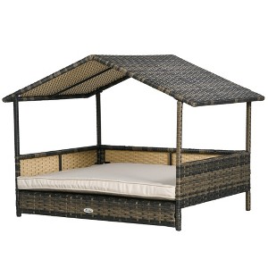 Wicker Dog House Outdoor with Canopy, Rattan Dog Bed with Water-resistant Cushion, Raised Dog Bed for Small, Medium Dogs up to 66 lbs, 19.75" in - 1 of 4