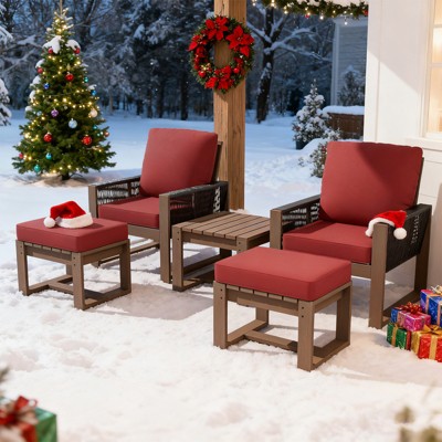 EAGLE PEAK 5 Pieces Natural Cedar Wood Bistro Set, Outdoor Patio Furniture, Small Balcony Conversation Set with Ottomans and Coffee Table