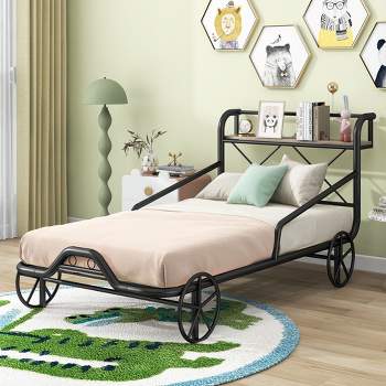 Twin Size Metal Car Bed with Four Wheels, Guardrails and X-Shaped Frame Shelf - ModernLuxe