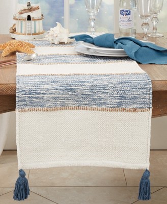 Navy Blue and White Striped Cotton Table Runner with Tassels
