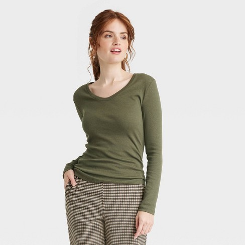 Women s Long Sleeve V Neck T Shirt A New Day Olive Green XS