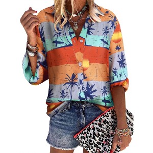 Nlife Women Lapel Collar Floral Print Button Down Long Sleeve Elastic Cuff Shirt - 1 of 4