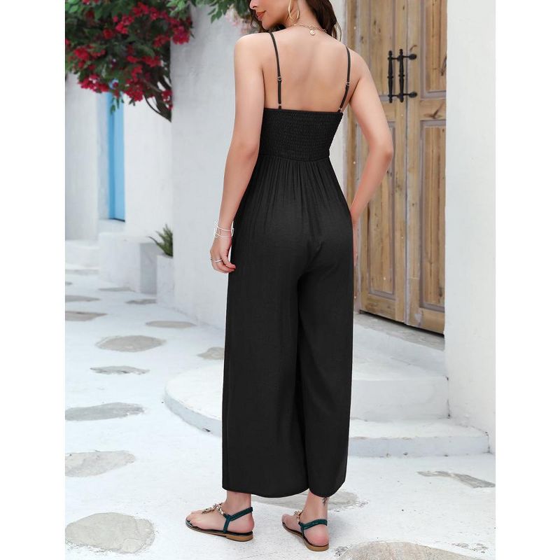 Women's Summer V Neck Spaghetti Strap Sleeveless Jumpsuits CutOut Smocked Long Wide Leg Rompers With Pockets, 5 of 7