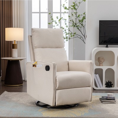 360° Swivel Recliner Chair,Cotton Linen Upholstered Swivel Rocking Chair,Manual Recliner Chair With Adjustable Back And Footrest-Cuddlewood