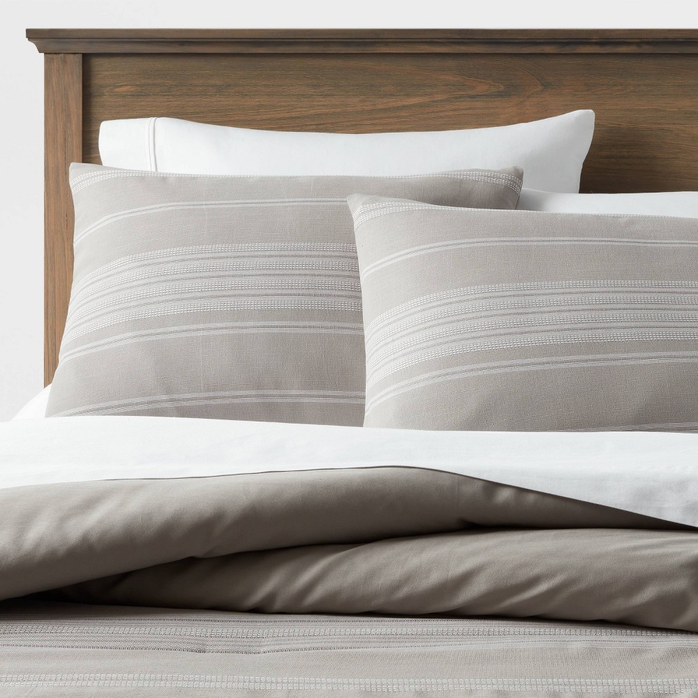 Photos - Bed Linen Full/Queen Cotton Woven Stripe Comforter & Sham Set Gray/White - Threshold