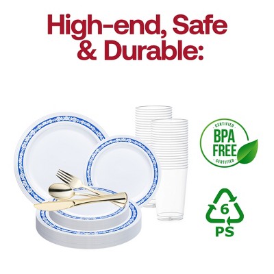 White and Blue Royal Rim Plastic Wedding Dinnerware Set - 60 Settings