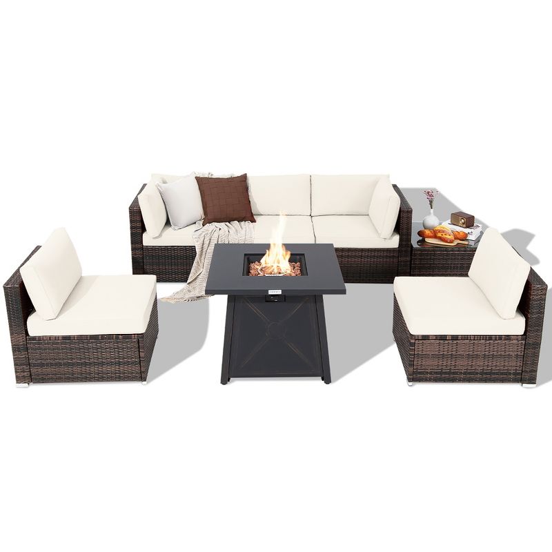 Costway 7PCS Patio Rattan Furniture Set Fire Pit Table Cover Cushion Off White\Black\Navy\Red\Turquoise, 2 of 9