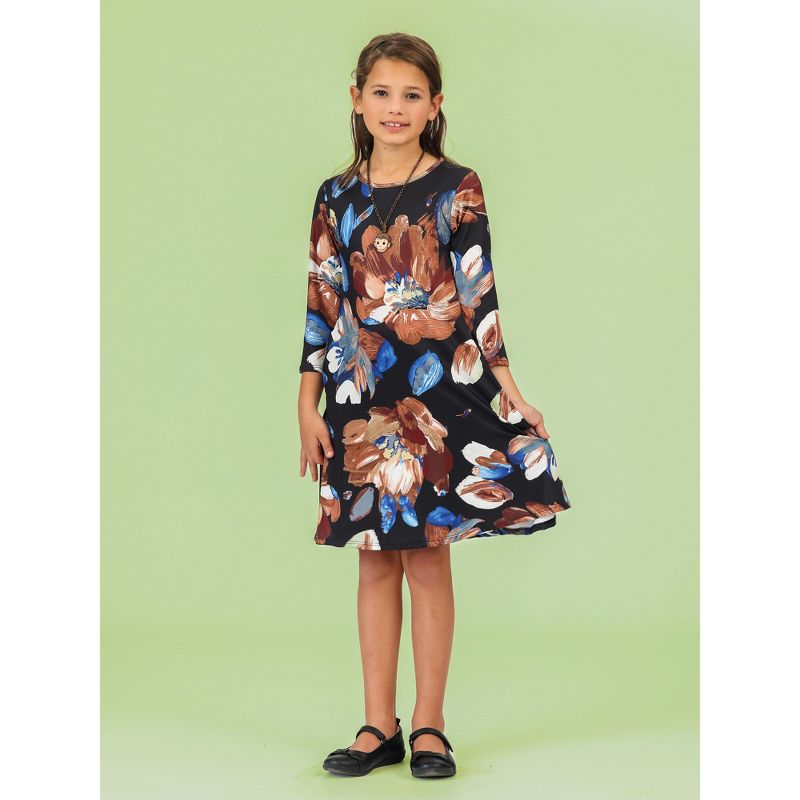 24seven Comfort Apparel Girls Long Sleeve Black Floral Knee Length Pocket Dress, 4 of 6