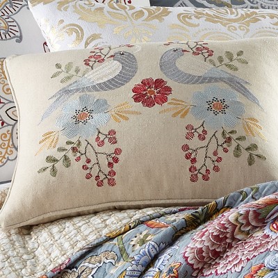 Angelica Linen Embroidered Bird and Floral Throw Pillow