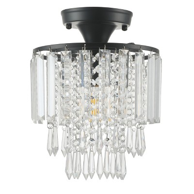 Crystal Semi Flush Mount Ceiling Light, Black Base Mini Chandelier for Bedroom Hallway Entryway