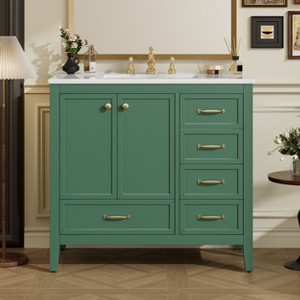 Christopher Knight Home Bathroom Vanity with Ceramic Sink, Bathroom Cabinet with Soft-Closing Door, Drawers of Different Sizes, Solid Wood Frame & Leg - 1 of 4