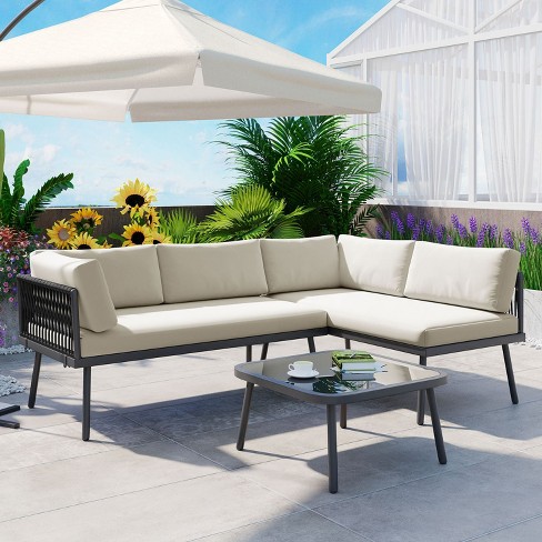 3 piece L shape All Weather Metal Balck Patio Sectional Sofa Set Outdoor Sofa Set With Wood Tabletop With Cushions And Glass Table Maison Boucle Target