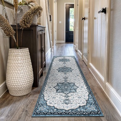 Blue and Ivory Medallion Runner Rug with Jute Backing